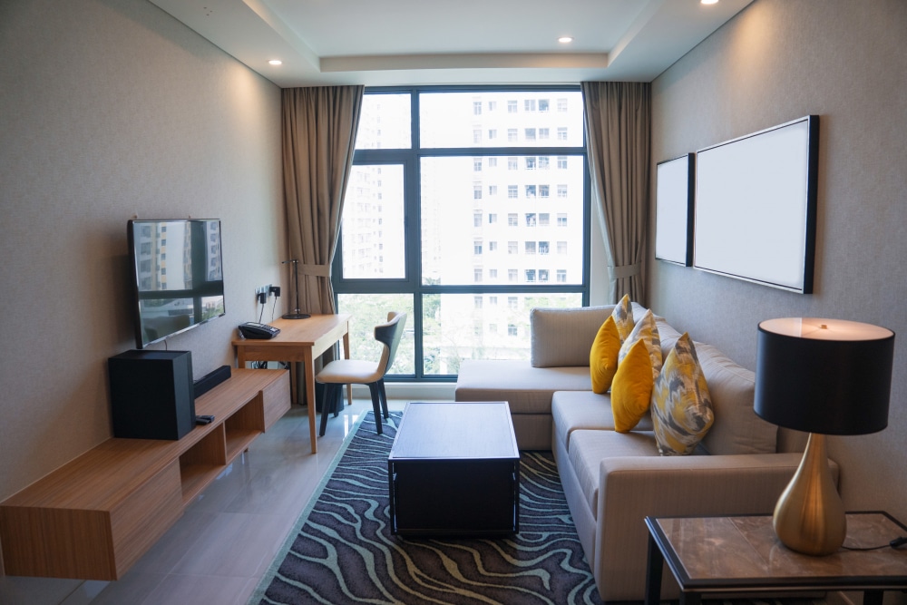 Salon d'un appartement en location courte durée